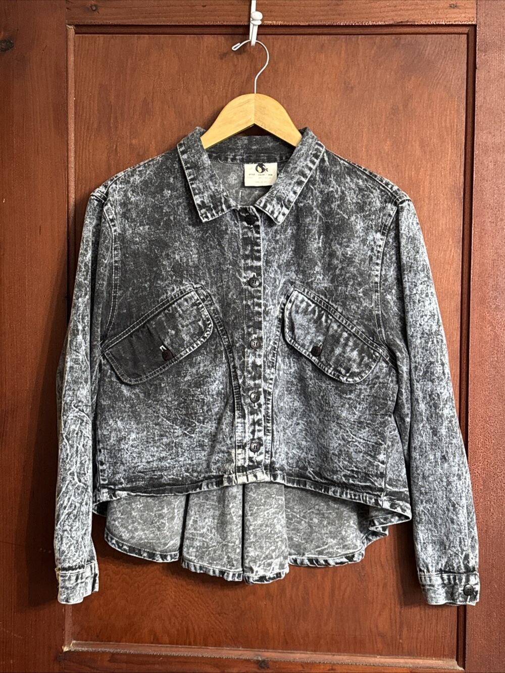 Vintage 80s 90s Acid Wash Denim Peplum Jacket Made USA Black Gray Stone Wash